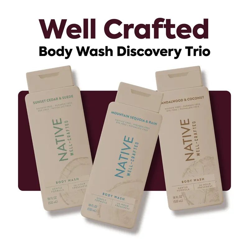 NATIVE Body Wash Discovery Trio – 3-Pack, 18 Oz, Sulfate-Free, Paraben-Free, Dye-Free, Rich Lather, Gentle Cleanse, 24HR Freshness